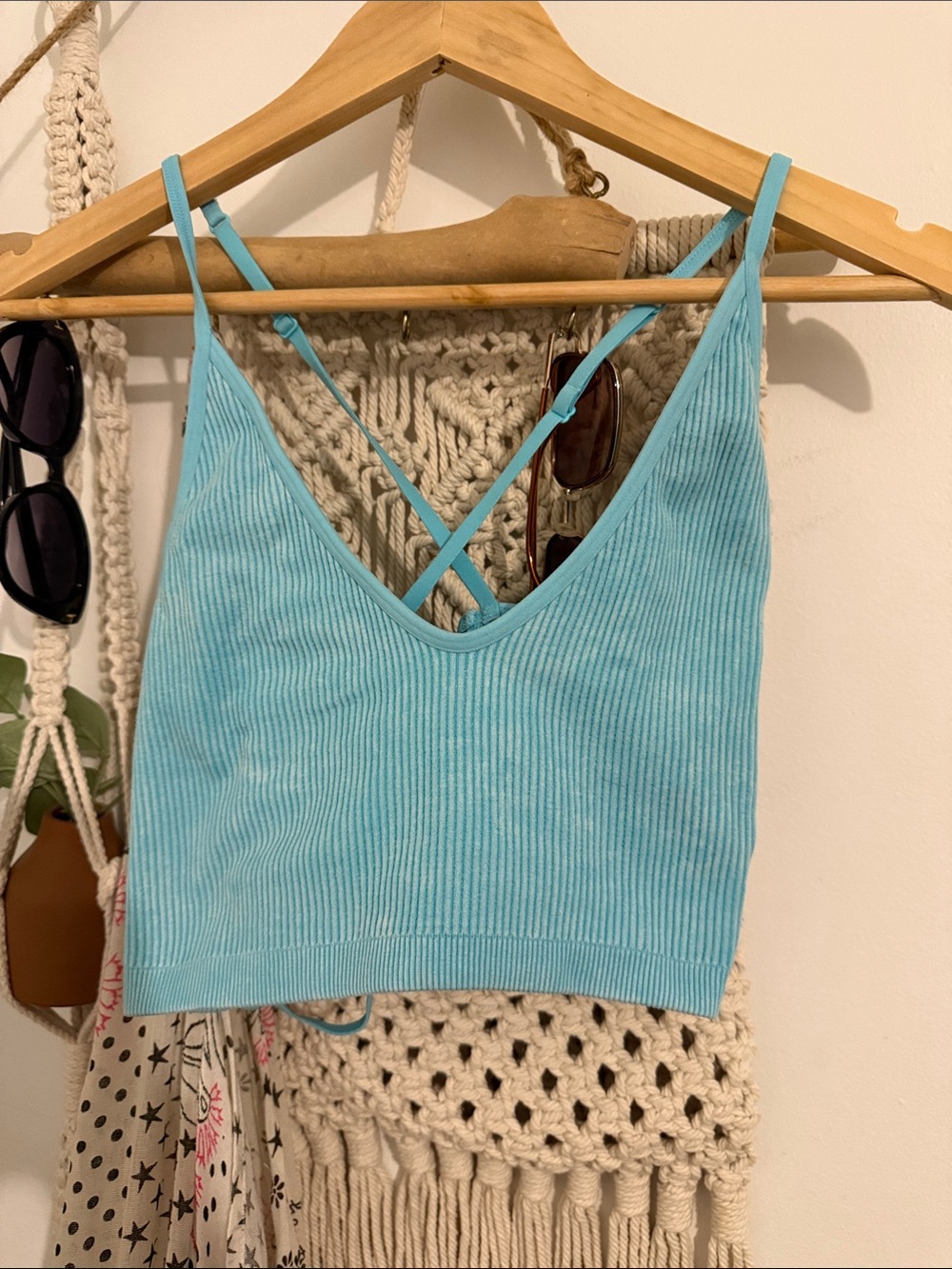 Aerie Light Blue Ribbed V-Neck Cropped Tank Top with Strappy Back